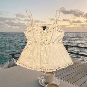 Vintage Y2K Summer Cottage Cream Beige Embroidered Cotton Ribbon Tank Top